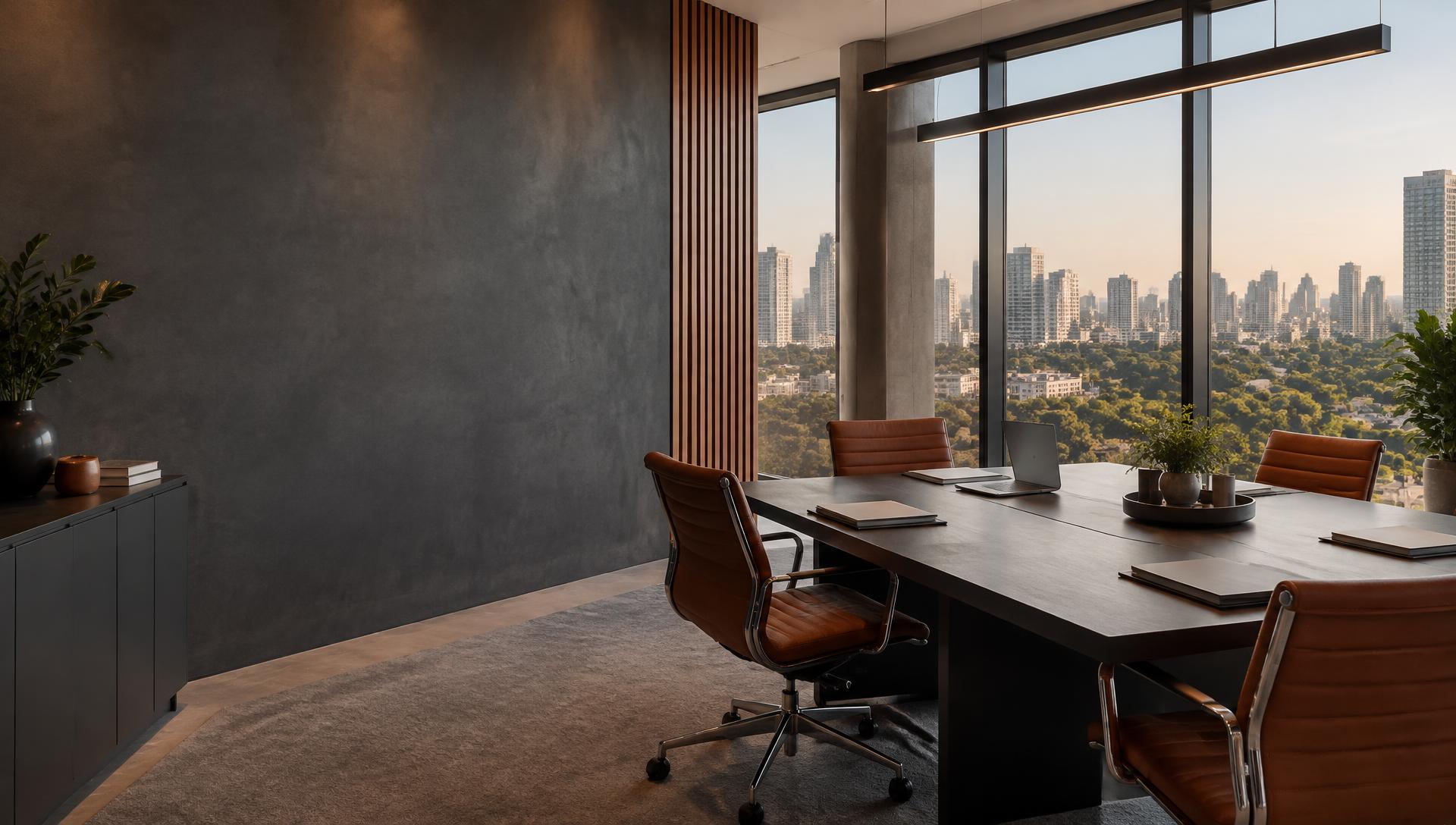 Sala de reuniões corporativa com vista para a cidade